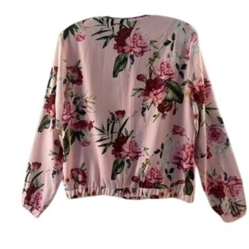 Charlie B Floral Bomber Jacket Pink With Zipper Front & Elastic Hem Lightweight - Picture 4 of 16
